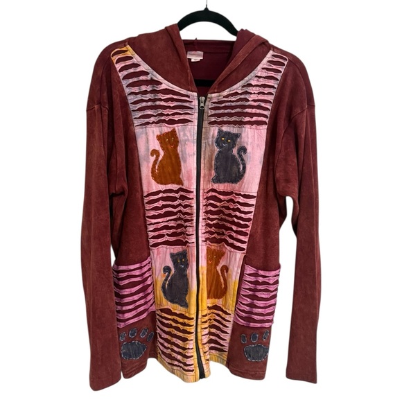 Greater Good Network Cat Hoodie XXL Patchwork Boho Zip Jacket Nepal Kitties - Picture 3 of 9